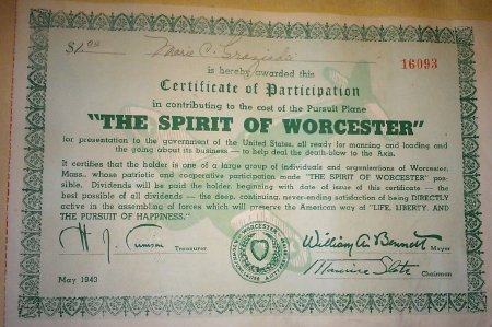 Pursuit Plane Fundraiser Certificate 1943