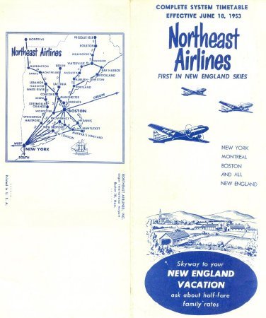 Northeast Airlines Schedule With Route Map 1953